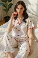 Pamuklu Kiraz Baskılı Kısa Kollu Kadın Pijama Takım Bella Notte 7357 Ekru farklı açı