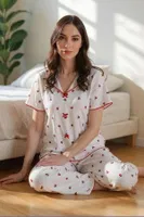 Pamuklu Kiraz Baskılı Kısa Kollu Kadın Pijama Takım Bella Notte 7357 Ekru görsel 4