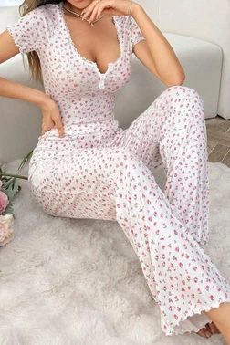 Geniş Yaka Ekru Kısa Kollu Pijama Takımı Bella Notte 7125
