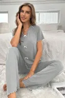 Gri Kısa Kollu Fiyonk Detaylı Pamuklu Pijama Takımı Bella Notte 7193 Gri