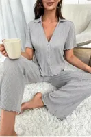 Gri Kısa Kollu V Yaka Pamuklu Pijama Takımı Bella Notte 7115 Gri