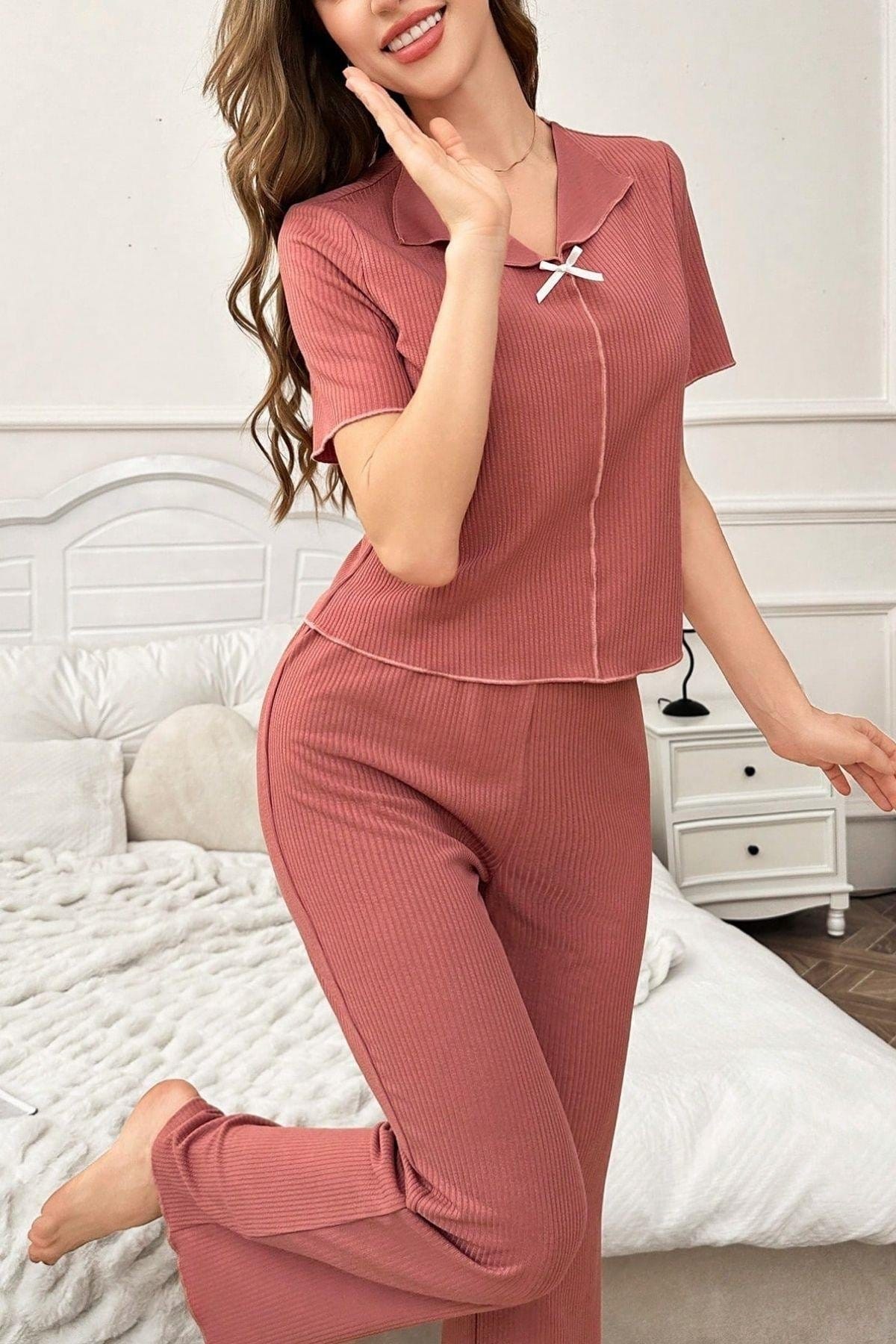 Gül Kurusu Pamuklu Kısa Kollu Pijama Takımı Bella Notte 7155