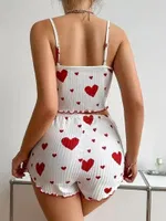 Kalp Desenli Pamuklu Pijama Takımı Bella Notte 7595 Kırmızı görsel 4