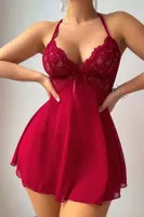Kırmızı A Kalıp Dantel Detaylı Mini Gecelik Bella Notte 15937 Kırmızı detay görünüm