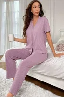 Düğmeli Kısa Kollu Lila Pijama Takımı Bella Notte 7117 Lila