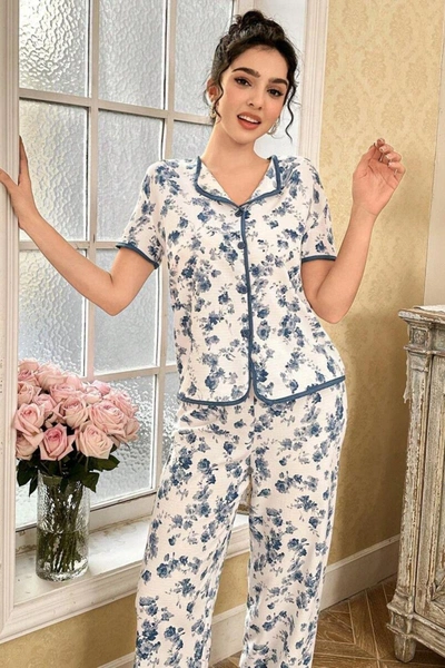 Çiçekli Düğmeli Yazlık Mavi Kadın Pijama Takımı Bella Notte 7347