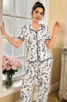 Çiçekli Düğmeli Yazlık Mavi Kadın Pijama Takımı Bella Notte 7347 Mavi