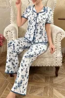 Çiçekli Düğmeli Yazlık Mavi Kadın Pijama Takımı Bella Notte 7347 Mavi detay görünüm