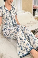 Çiçekli Düğmeli Yazlık Mavi Kadın Pijama Takımı Bella Notte 7347 Mavi farklı açı