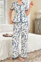 Çiçekli Düğmeli Yazlık Mavi Kadın Pijama Takımı Bella Notte 7347 Mavi görsel 4