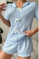 Mavi V Yaka Pamuklu Fiyonk Detaylı Pijama Takımı Bella Notte 7711 Mavi