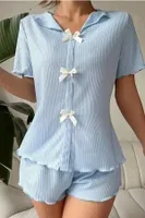 Mavi V Yaka Pamuklu Fiyonk Detaylı Pijama Takımı Bella Notte 7711 Mavi farklı açı