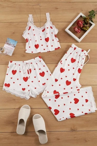 Pamuklu 3 Parça Kalp Desenli Pijama Takımı Bella Notte 7707