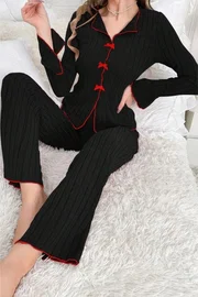 Bella Notte Uzun Kollu Pamuklu Kırmızı Fiyonklu Pijama Takımı Bella Notte 7143