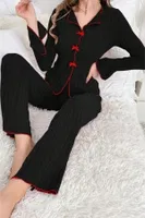 Uzun Kollu Pamuklu Kırmızı Fiyonklu Pijama Takımı Bella Notte 7143 Siyah