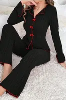 Uzun Kollu Pamuklu Kırmızı Fiyonklu Pijama Takımı Bella Notte 7143 Siyah detay görünüm
