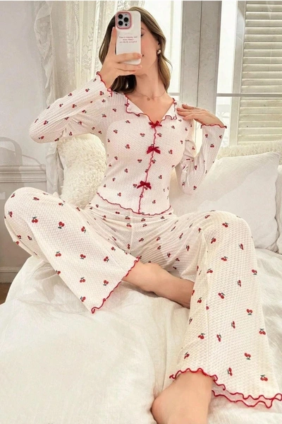 Kiraz Desenli Pamuklu Kurdelalı Pijama Takımı Bella Notte 7135