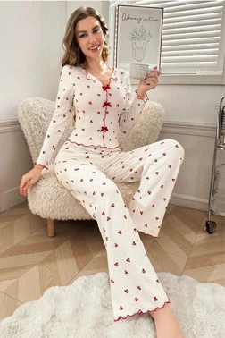 Bella Notte Kiraz Desenli Pamuklu Kurdelalı Pijama Takımı Bella Notte 7135 - Alternatif Görünüm