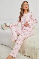 Pembe Çiçek Desenli Bisiklet Yaka Pijama Takımı Bella Notte 7131 Pembe detay görünüm