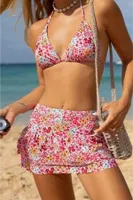 Pembe Çiçek Desenli Etekli 3 Parça Bikini Takımı Bella Notte M-9005 Pembe