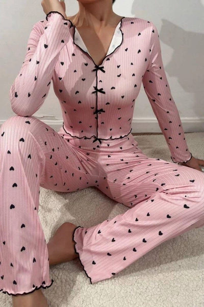 Uzun Kollu Pembe Fiyonklu Kalpli Kadın Pijama Takımı Bella Notte 7171