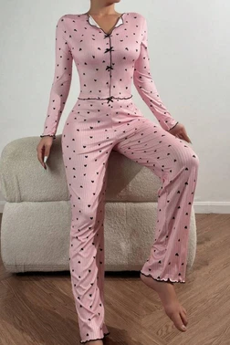 Bella Notte Uzun Kollu Pembe Fiyonklu Kalpli Kadın Pijama Takımı Bella Notte 7171 - Alternatif Görünüm