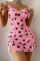 Pembe Kalp Desenli Yırtmaçlı Mini Gecelik Bella Notte 15923 Pembe görsel 4