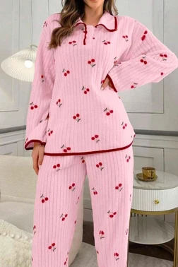  Bella Notte Pembe Kiraz Baskılı Cotton Pijama Takımı 77017