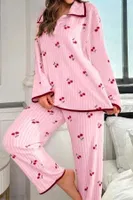 Bella Notte Pembe Kiraz Baskılı Cotton Pijama Takımı 77017 Pembe detay görünüm