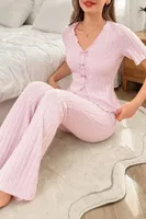Pamuklu Önden Yırtmaçlı Pembe Pijama Takımı Bella Notte 7151 Pembe detay görünüm