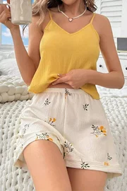 Bella Notte Sarı Bahar Dalı Yaprakları Ev İçi Şort Takım Bella Notte 7717