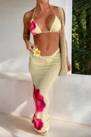 Sarı Çiçek Detaylı Pareolu 3 Parça Bikini Takımı Bella Notte M-9021 Sari