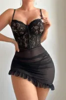 Asimetrik Kesim Fırfırlı Transparan Gecelik Bella Notte 15925 Siyah