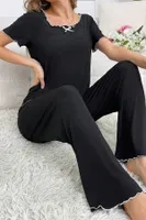 Bisiklet Yaka Pamuklu Siyah Yazlık Kadın Pijama Takımı Bella Notte 7343 Siyah detay görünüm