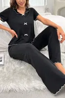 Siyah Kısa Kollu Fiyonk Detaylı Pamuklu Pijama Takımı Bella Notte 7105 Siyah detay görünüm
