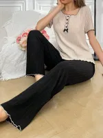 Kısa Kollu Kurdelalı Geniş Fitilli Siyah Kadın Pijama Takımı Bella Notte 7153 Siyah farklı açı
