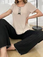 Kısa Kollu Kurdelalı Geniş Fitilli Siyah Kadın Pijama Takımı Bella Notte 7153 Siyah görsel 4