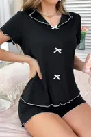 Siyah Pamuklu Beyaz Kurdelalı Şortlu Pijama Takımı Bella Notte 7575 Siyah görsel 4