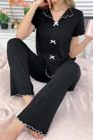 Siyah Rahat ve Şık Siyah Pamuklu Pijama Takımı Bella Notte 7121 Siyah detay görünüm