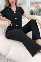 Siyah Rahat ve Şık Siyah Pamuklu Pijama Takımı Bella Notte 7121 Siyah görsel 4