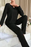 Geniş Fitilli Siyah Uzun Kollu Pijama Takımı Bella Notte 7127 Siyah detay görünüm