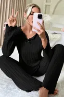 Geniş Fitilli Siyah Uzun Kollu Pijama Takımı Bella Notte 7127 Siyah görsel 4