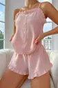 Toz Pembe Fırfır Yakalı Askılı Şort Takım Bella Notte 7727