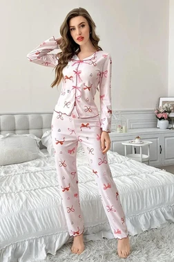 Fiyonk Desenli Uzun Kollu Kadın Pijama Takımı Bella Notte 7195