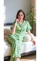 Gömlek Yaka Çiçekli Yaz Esintili Pijama Takımı Bella Notte 7345 Yeşil