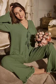 Bella Notte Yeşil Önden Bağlamalı V Yaka Pijama Takımı Bella Notte 7179
