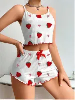 Beyaz Çilekli Askılı Şort Takım Lily Bianca 13014 Beyaz