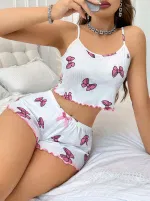 Kelebekli Beyaz Askılı Yazlık Şort Pijama Takım Lily Bianca 13094 Beyaz detay görünüm