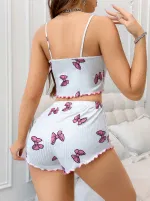 Kelebekli Beyaz Askılı Yazlık Şort Pijama Takım Lily Bianca 13094 Beyaz farklı açı