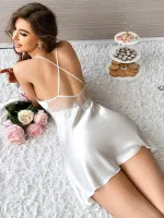 Beyaz Sırtı Çapraz Askılı Saten Gecelik Pink Night 3817 Beyaz detay görünüm